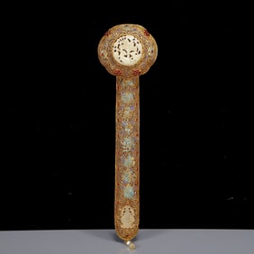 A Rare Gilt Inlaid White Jade Eight Treasures Pattern Ruyi