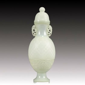 An Exquisite White Jade Flower Pattern Double-Ears Bottle