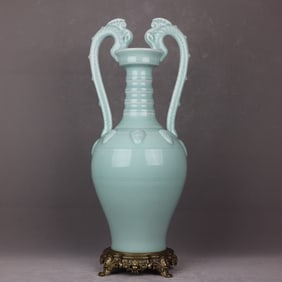 A Huge Celadon Glazed Inlaid Bronze Dragon-Ears Vase