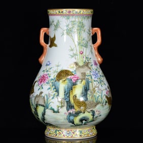 An Exquisite Famille-Rose Flower and Bird Pattern Vase,with Poem