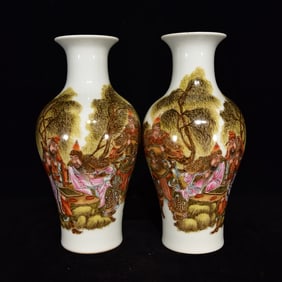A Pair of Exquisite Famille-Rose Character and Story Pattern Vases