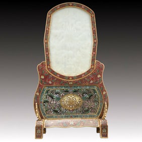 A Rare Cloisonne Inlaid White Jade Dragon Pattern Table Screen,with an Imperial Poem by Emperor