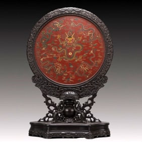 A Exquisite Zitanwood Inlaid Carved Red Lacquer Dragon Pattern Landscape and Figure Pattern Screen