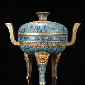 A Rare Cloisonne Lotus and Shou-Character Pattern Double-Ears and Tripod Censer