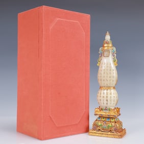 An Exquisite Filigree and Gilding Inlaid White Jade Poem Double-Ears Vase,Inlaid Gems