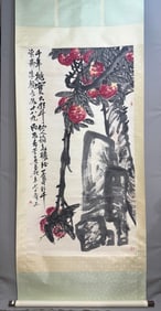 A Chinese Vertical Scroll Ink Painting of Peach on Paper