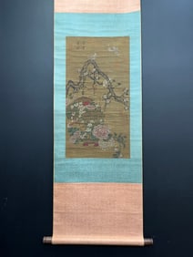 A Chinese Vertical Scroll Ink Painting of Flower and Bird on Silk