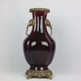 A Huge Flambe Glazed Inlaid Bronze Elephant-Ears Vase