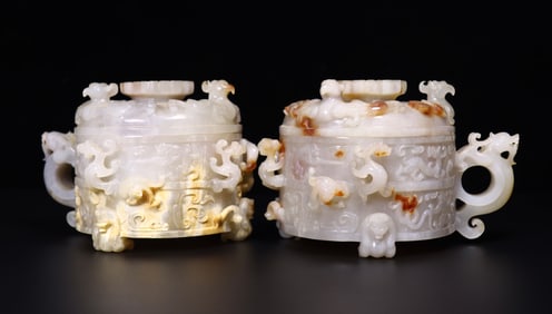 A Pair of Exquisite White Jade Dragon Pattern Cups