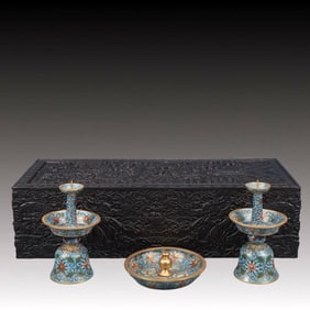 A Set of Fine Cloisonne Lotus Pattern Ornaments,With Auspicious Cloud and Dragon Pattern Box