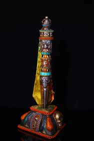 A Rare Bronze Inlaid Dzi Bead and Turquoise Ritual Implement