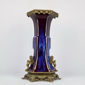 A Huge Flambe Glazed Inlaid Bronze Figure Double-Ears Gu-Shaped Vase