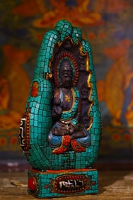 A Rare Meteorite Inlaid Dzi Bead and Turquoise Statue of Sakyamuni