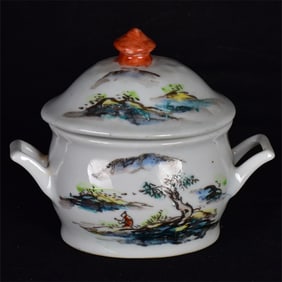 An Exquisite Famille-Rose Landscape Pattern Double-Ears Cover Jar