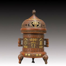 An Exquisite Gilt Bronze Eight Treasures Pattern Double-Ears and Elephant-legs Censer