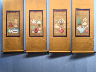 A Set of Chinese Vertical Scroll Ink Painting of Eight Treasures on Silk