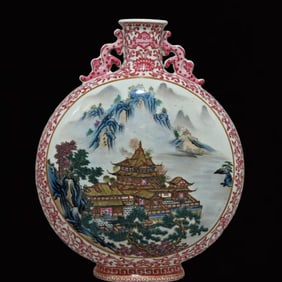 An Exquisite Ruby Red Glazed Landscape Pattern Double-Ears Vase