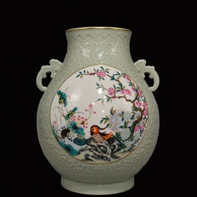An Exquisite Celadon Glazed Flower and Bird Pattern Double-Ears Vase