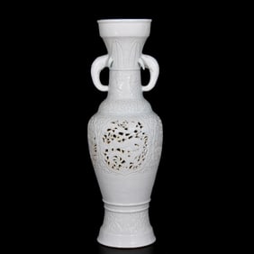A Huge White Glazed Hollow Dragon and Phoenix Pattern Elephant-Ears Vase