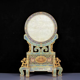 A Huge Cloisonne Inlaid White Jade Dragon Pattern Table Screen