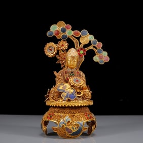 An Exquisite Gilt Inlaid Gems Buddha Statue