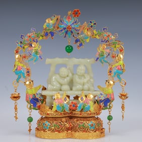 An Exquisite Filigree and Gilding Inlaid White Jade Figure Ornament,Inlaid Gems