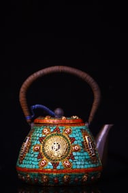 A Rare Bronze Cloisonne Inlaid Dzi Bead and Turquoise Teapot