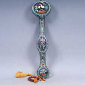 A Rare Cloisonne Inlaid White Jade Flower and Bird Pattern Ruyi,Inlaid Gems