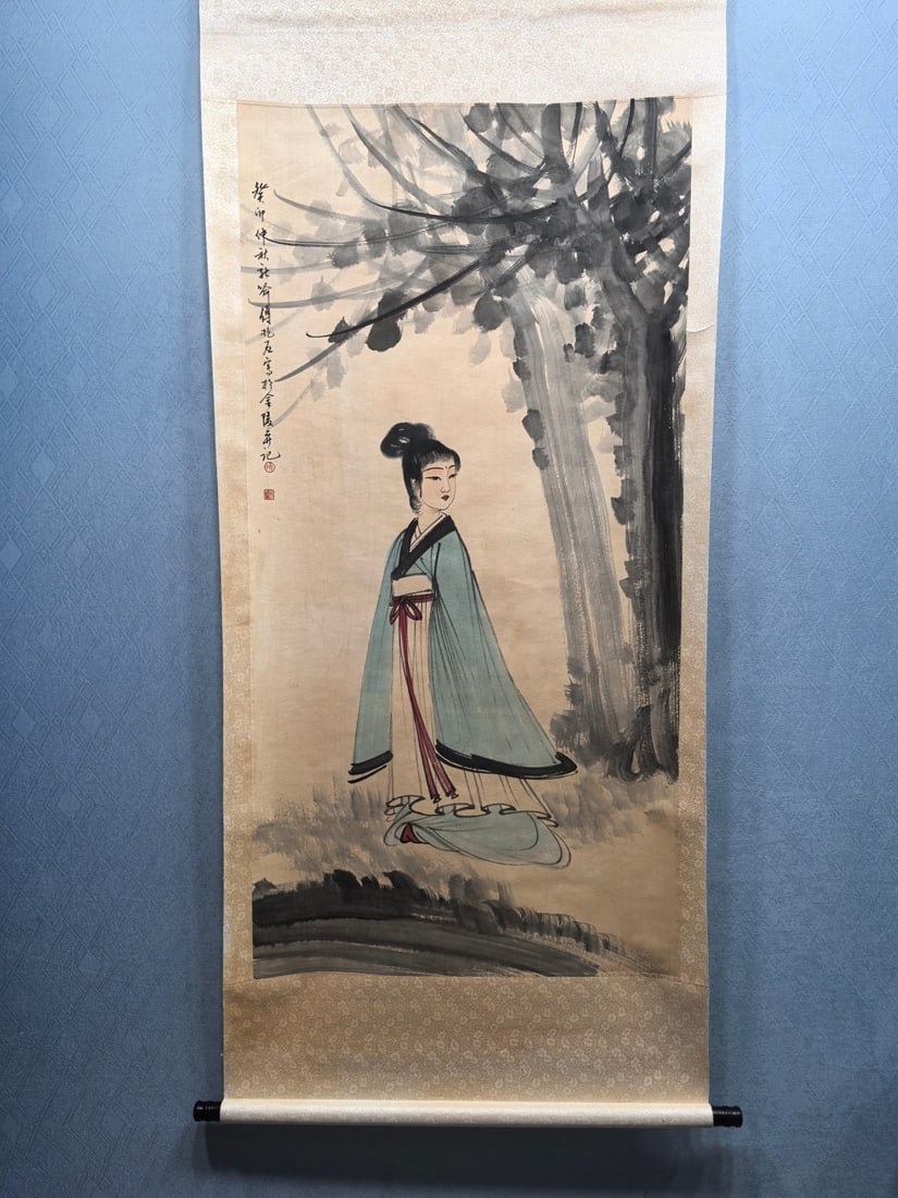 A Chinese Vertical Scroll Ink Painting of Figure on Paper: A Chinese Vertical Scroll Ink Painting of Figure on Paper,Fu Baoshi,Size:27.5inx54.4in 一幅中国水墨人物画立轴,傅抱石