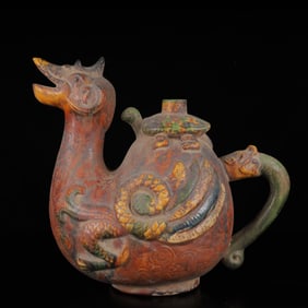An Exquisite Tang Tri-Color Glazed Pottery Auspicious Beast Ewer