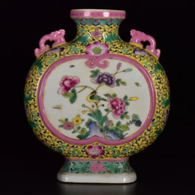 An Exquisite Yellow Glazed Enamel Flower Pattern Double-Ears Vase