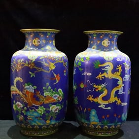 A Pair of Huge Cloisonne Dragon and Phoenix Pattern Vase