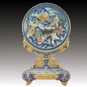 A Huge Cloisonne Landscape and Figure Pattern Table Screen