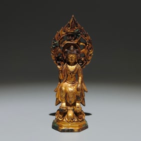 A Solemn Gilt Bronze Statue of Bodhisattva,with Inscription