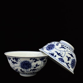 A Pair of Exquisite Blue and White Lotus Pattern Bowls