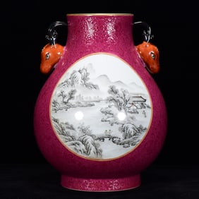An Exquisite Ruby Red Glazed Ink Color Landscape Pattern Deer-Ears Vase