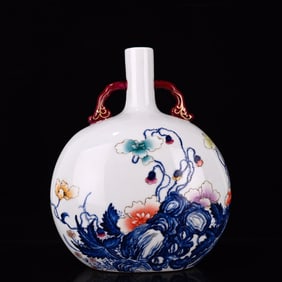 A Rare Enamel Flower and Butterfly Pattern Double-Ears Vase