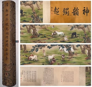 A Chinese Hand Scroll Ink Painting of Horse on Paper