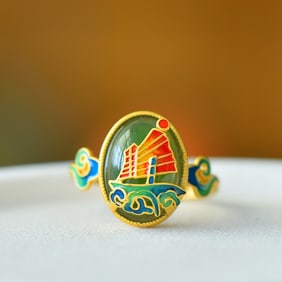 An Exquisite Sterling Silver-Gold Plated Inlaid Jasper Enamel Ring