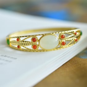 An Exquisite Sterling Silver-Gold Plated Inlaid White Jade Bracelet,Inlaid Gems