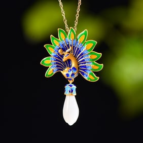 An Exquisite Sterling Silver-Gold Plated Inlaid White Jade Enamel Pendant