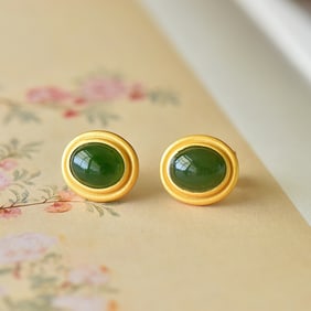 A Pair of Exquisite Sterling Silver-Gold Plated Inlaid Jasper Earrings