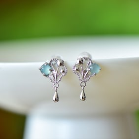 A Pair of Exquisite Sterling Silver Inlaid Jadeite Earrings