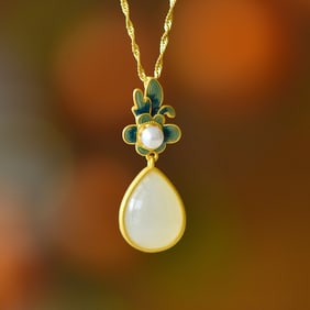 An Exquisite Sterling Silver-Gold Plated Inlaid White Jade Enamel Pendant