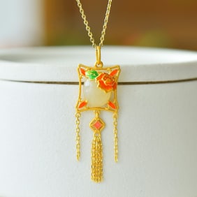 An Exquisite Sterling Silver-Gold Plated Inlaid White Jade Pendant