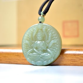 An Exquisite Greenish Jade Statue of Avalokitesvara Pendant