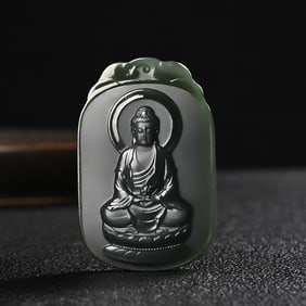 An Exquisite Cyan jade Statue of Sakyamuni Pendant