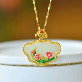 An Exquisite Sterling Silver-Gold Plated Inlaid White Jade Enamel Pendant