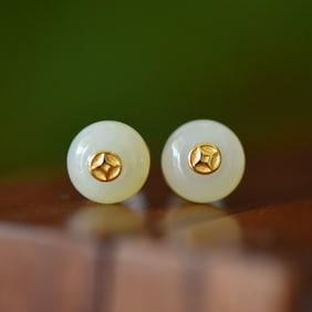 A Pair of Exquisite Sterling Silver-Gold Plated Inlaid White Jade Earrings