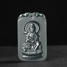 An Exquisite Cyan jade Statue of Samantabhadra Pendant